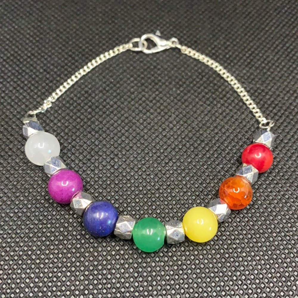 Handmade Chakra Semiprecious Stone Beads Silver Plated One-Of-A-Kind Bracelet